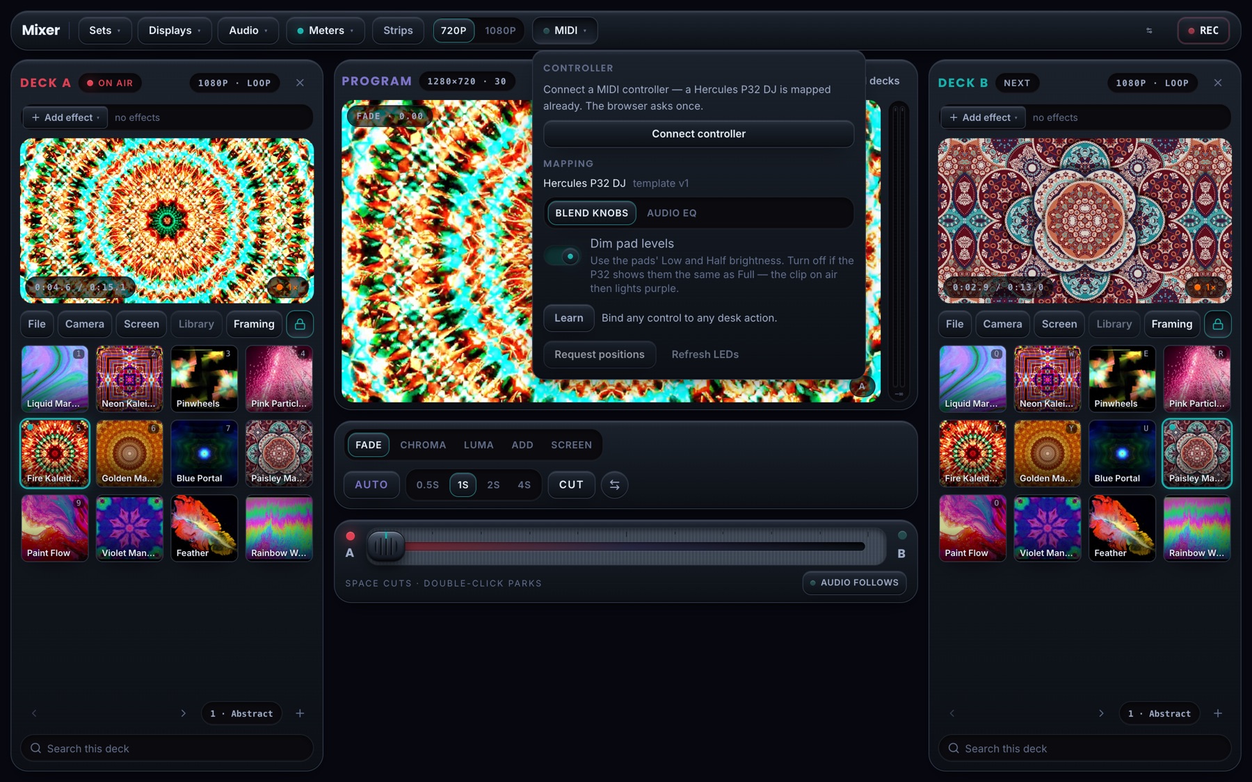 The MIDI menu open on the Mixer's header
